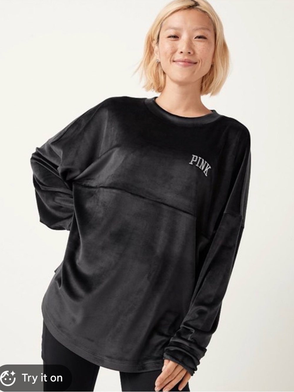 Victoria’s Secret PINK Velour Varsity Crew Pullover Black Velvet Sweatshirt Size